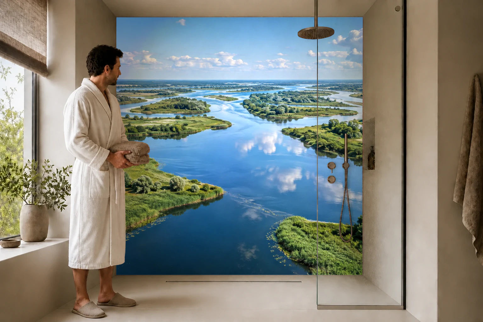 Duschrückwand „Flussdelta mit grünen Schilfinseln“ in einer Dusche mit einem Mann im Bademantel