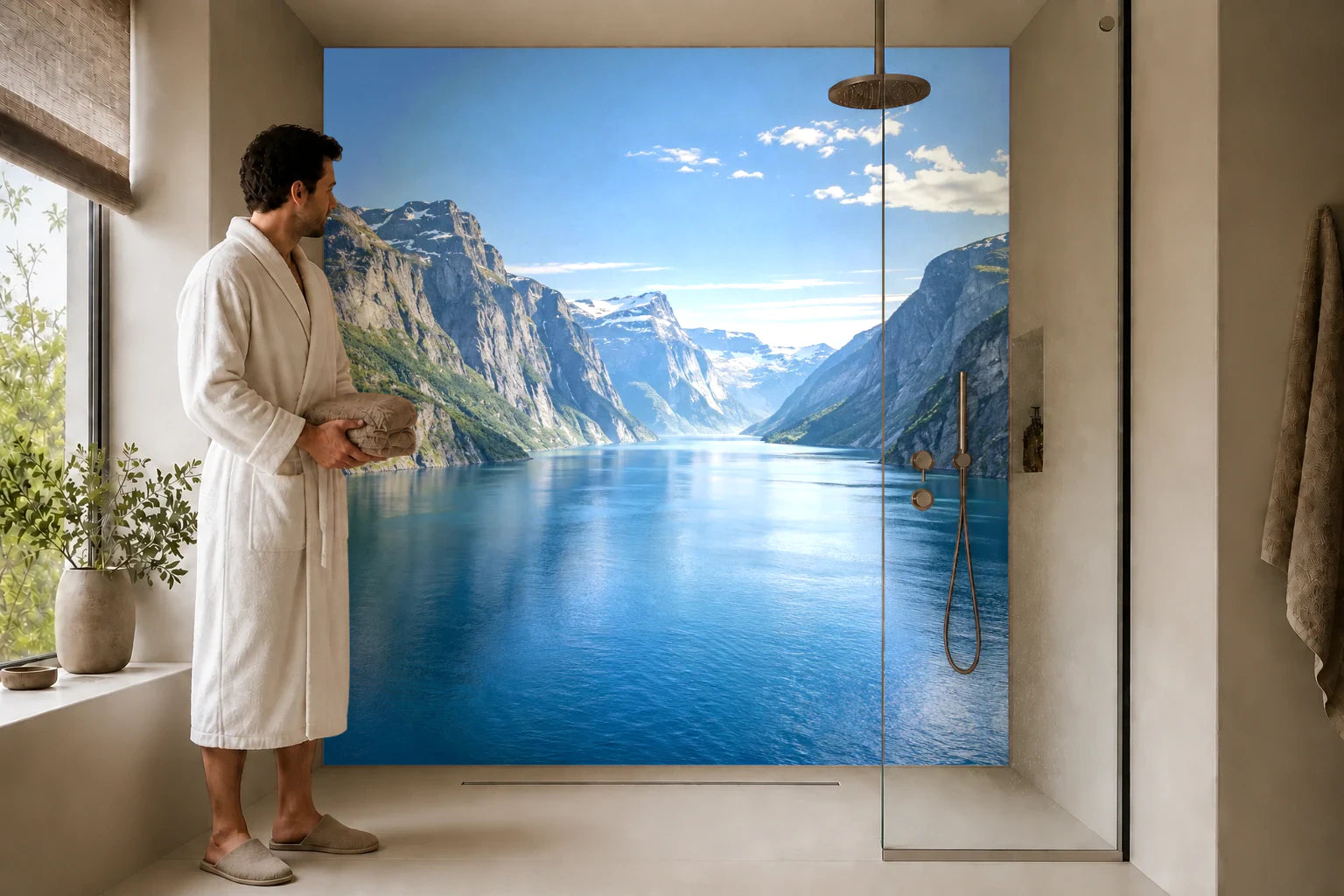 Duschrückwand „Fjord zwischen steilen Granitwänden“ in einer Dusche mit einem Mann im Bademantel