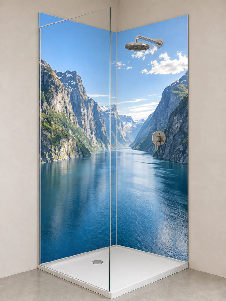 Duschrückwand „Fjord zwischen steilen Granitwänden“ als installierte Rückwand in einer hellen Dusche