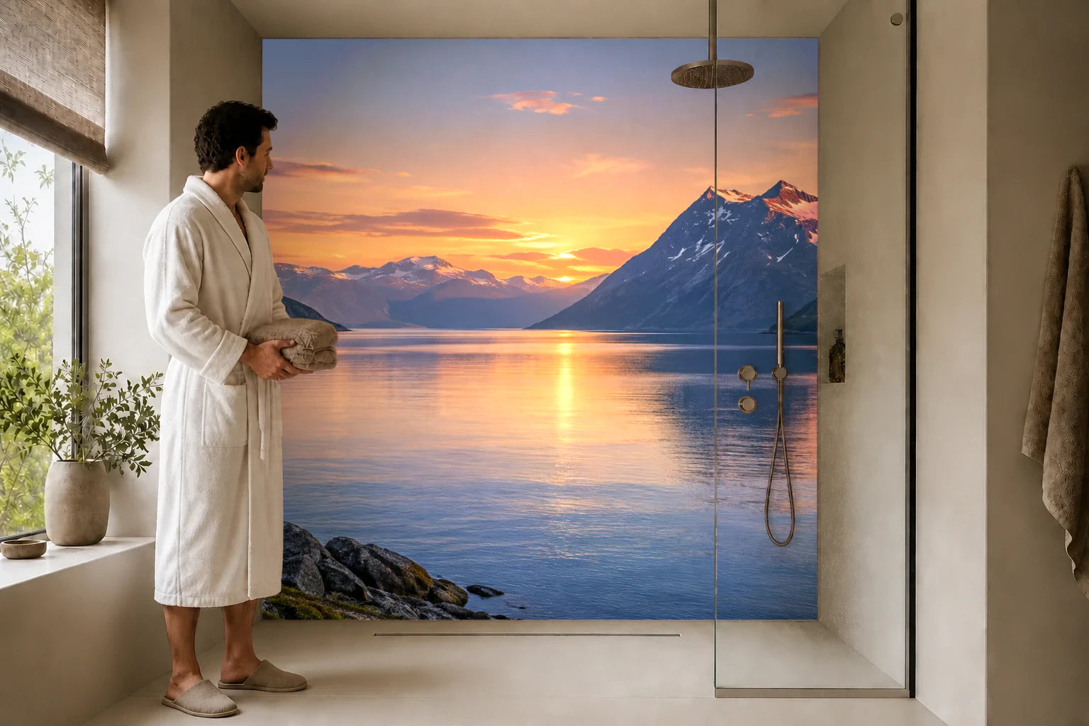 Duschrückwand „Fjord im nordischen Mitternachtslicht“ in einer Dusche mit einem Mann im Bademantel