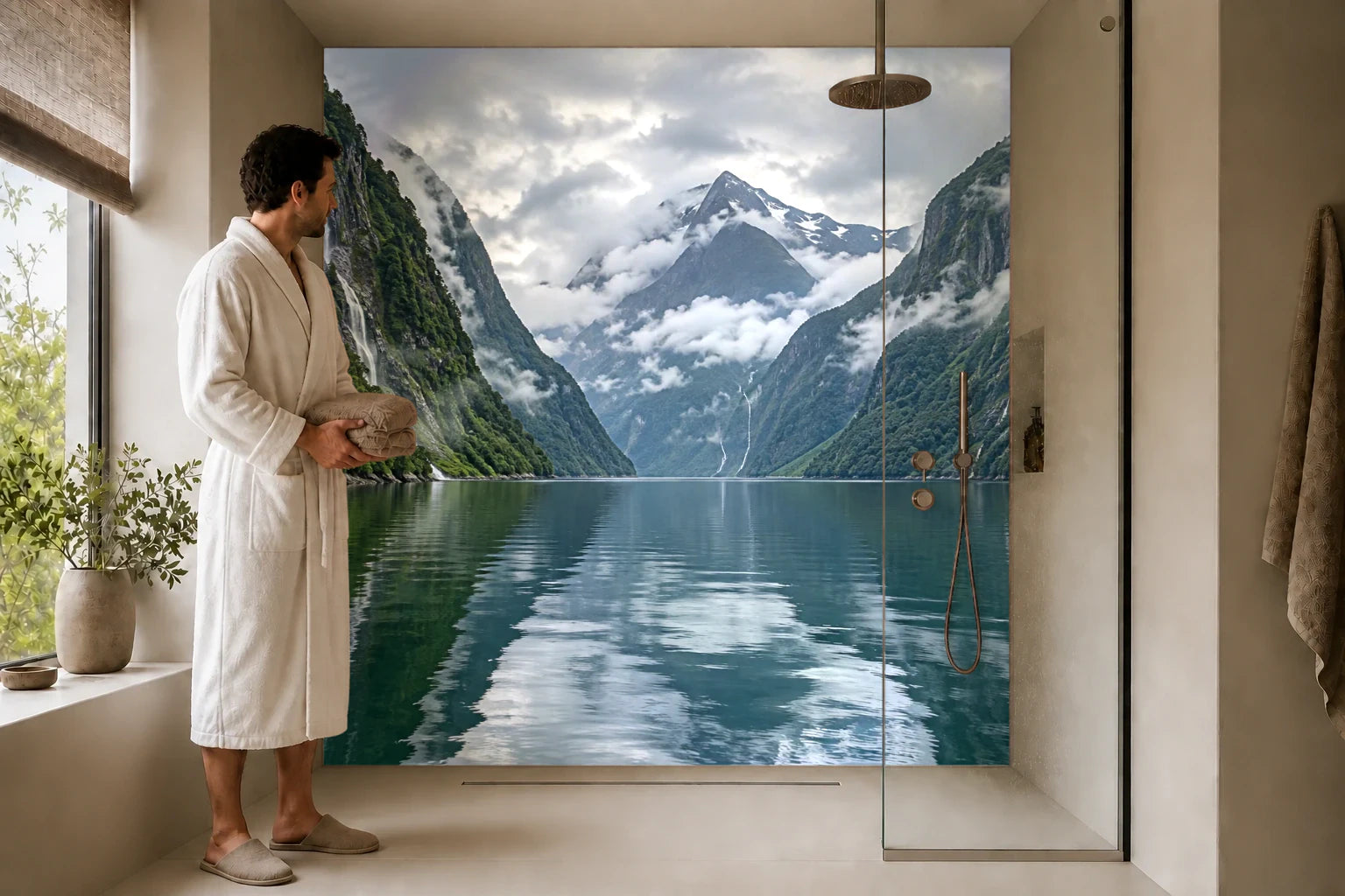 Duschrückwand „Regenwaldfjord nach dem Schauer“ in einer Dusche mit einem Mann im Bademantel