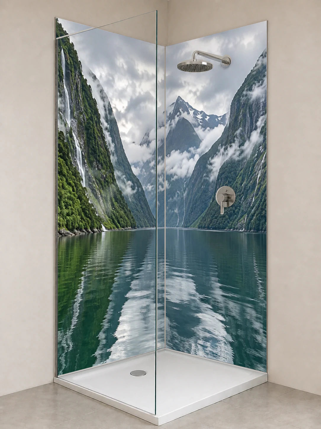 Duschrückwand „Regenwaldfjord nach dem Schauer“ als installierte Rückwand in einer hellen Dusche