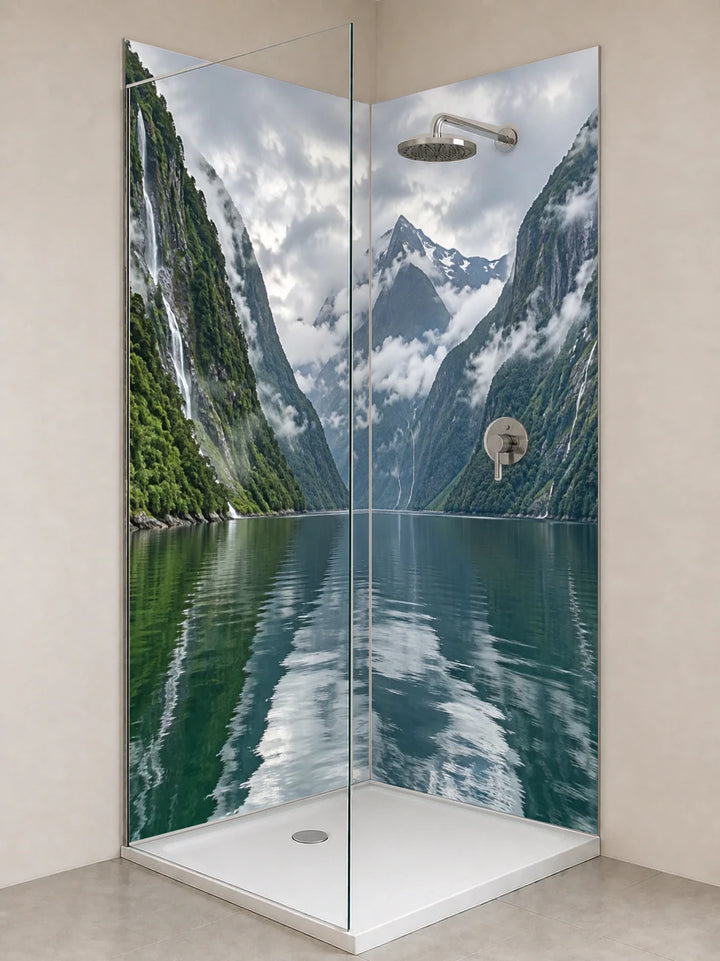Duschrückwand „Regenwaldfjord nach dem Schauer“ als installierte Rückwand in einer hellen Dusche