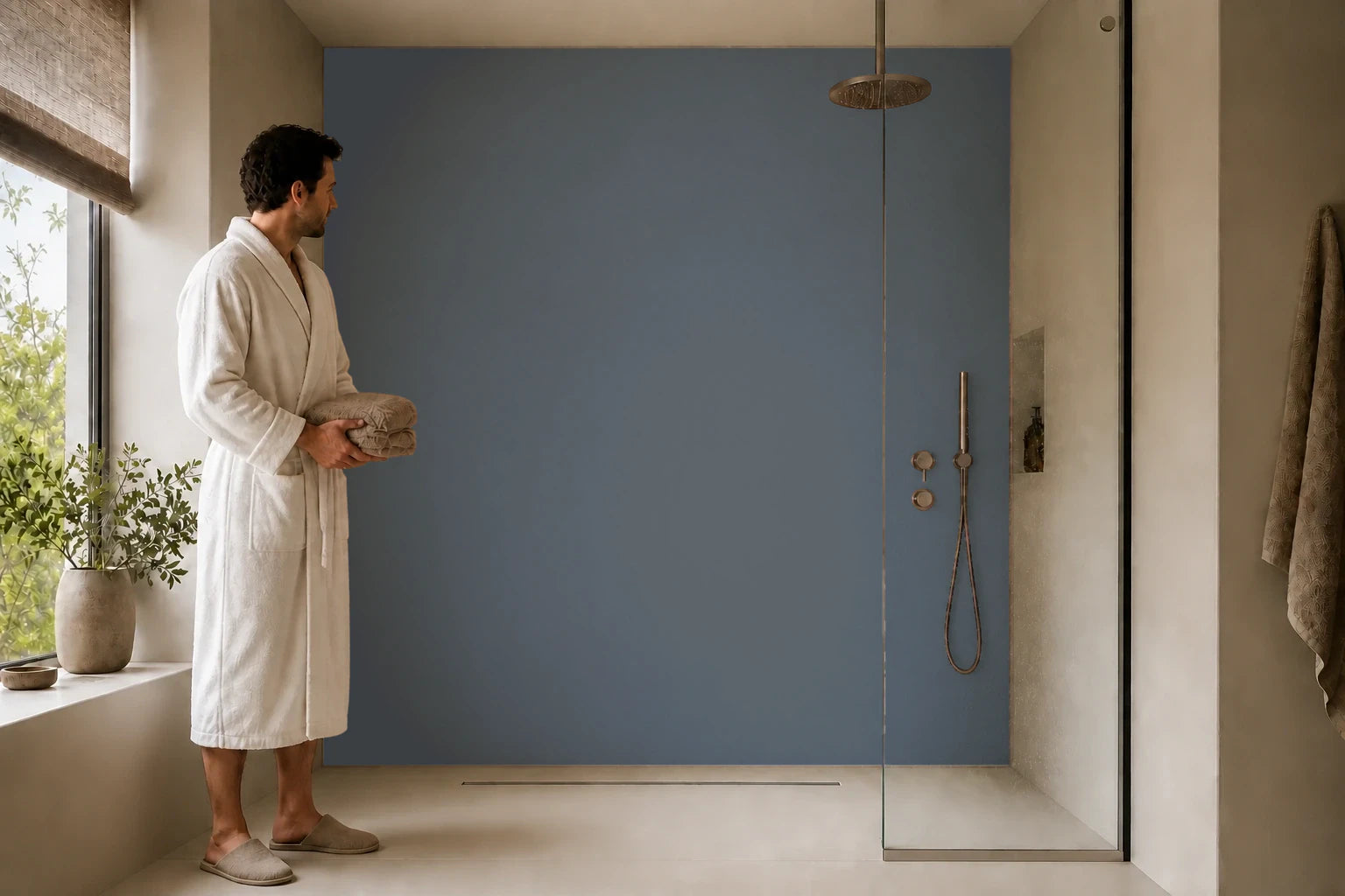 Duschrückwand „RAL 7015 Schiefergrau in Stille“ in einer Dusche mit einem Mann im Bademantel