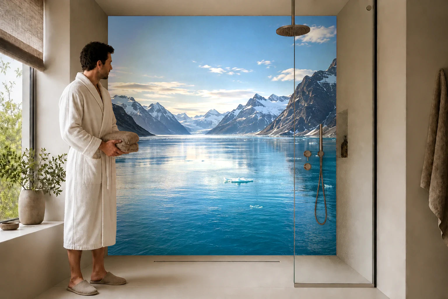 Duschrückwand „Eisfjord im klaren Polartag“ in einer Dusche mit einem Mann im Bademantel