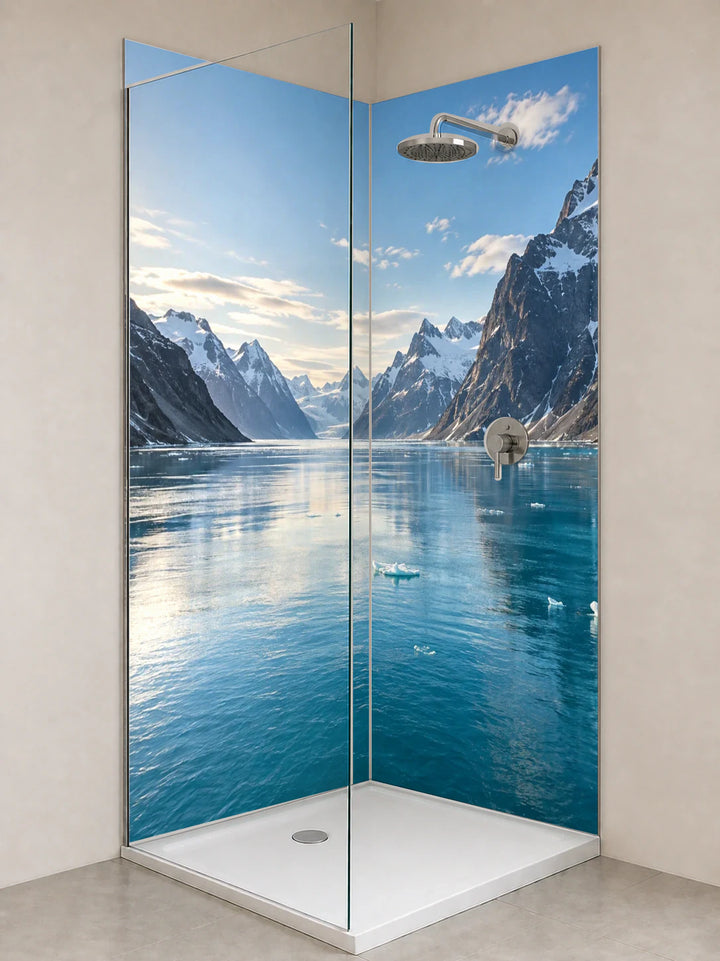 Duschrückwand „Eisfjord im klaren Polartag“ als installierte Rückwand in einer hellen Dusche