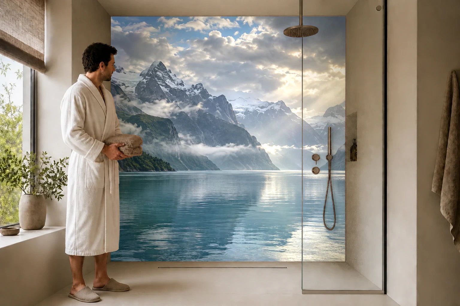 Duschrückwand „Fjord mit Nebel zwischen den Hängen“ in einer Dusche mit einem Mann im Bademantel