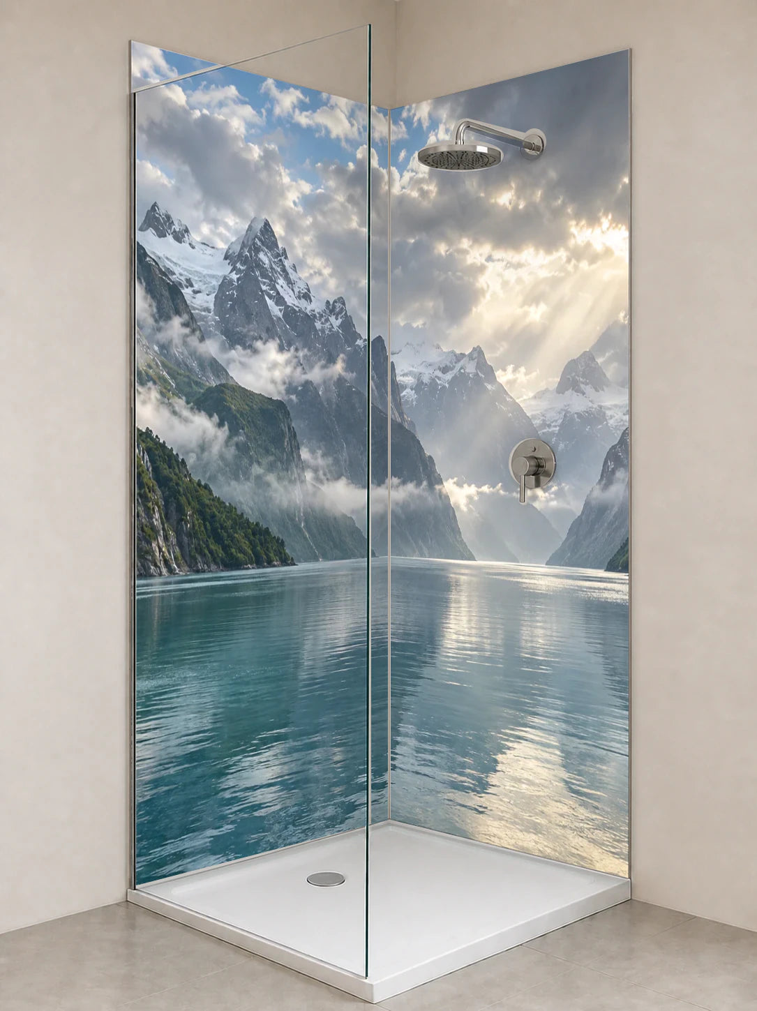 Duschrückwand „Fjord mit Nebel zwischen den Hängen“ als installierte Rückwand in einer hellen Dusche