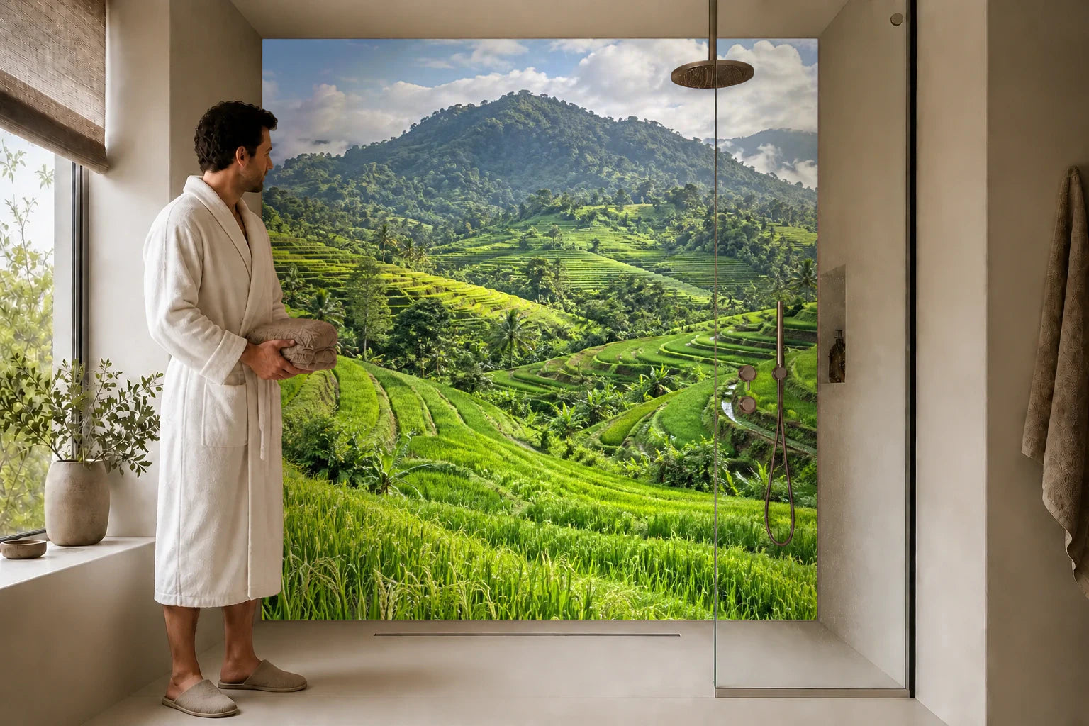 Duschrückwand „Grüne Reisterrassen am Berghang“ in einer Dusche mit einem Mann im Bademantel