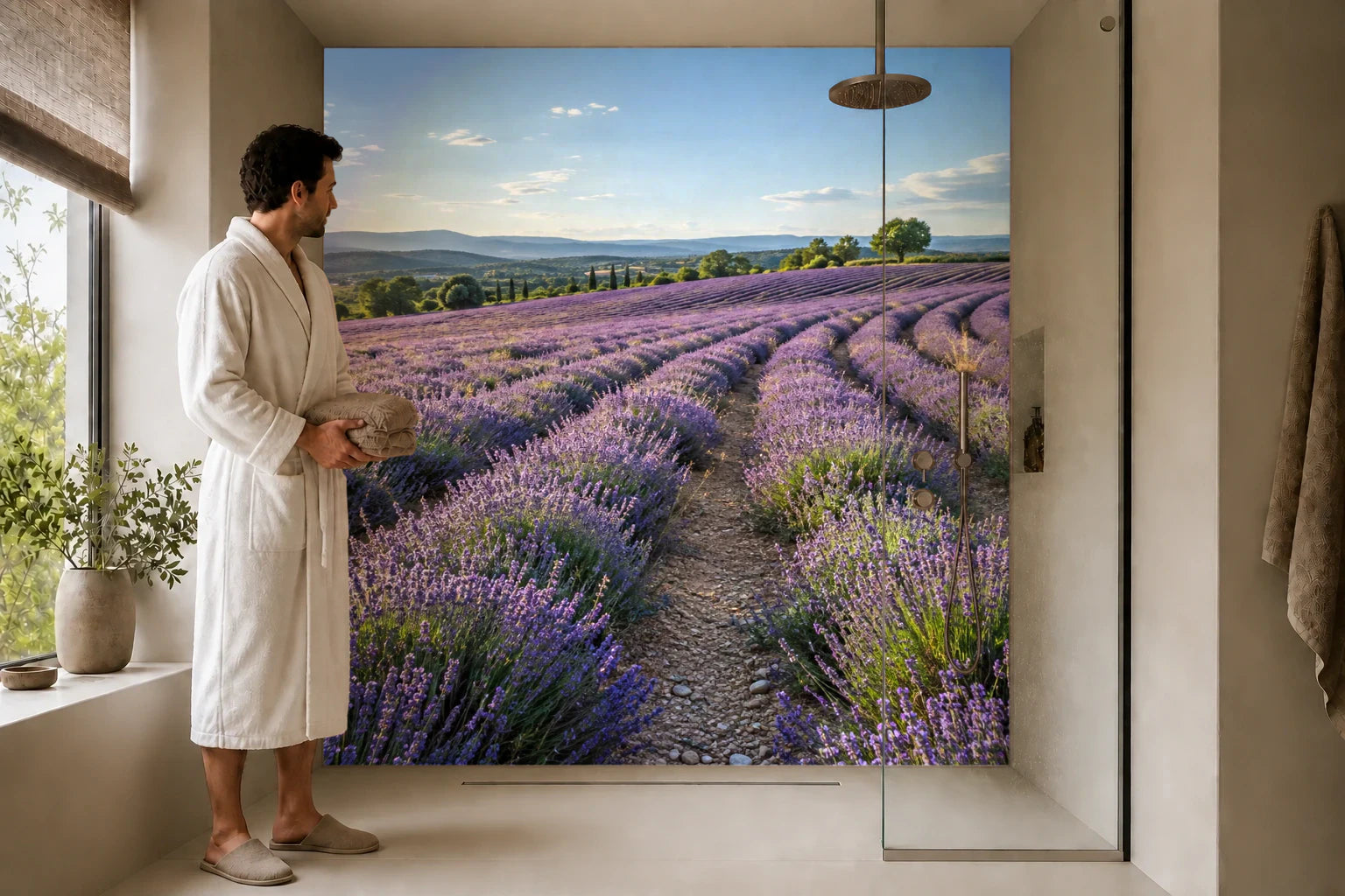 Duschrückwand „Lavendelfeld unter hellem Sommerhimmel“ in einer Dusche mit einem Mann im Bademantel