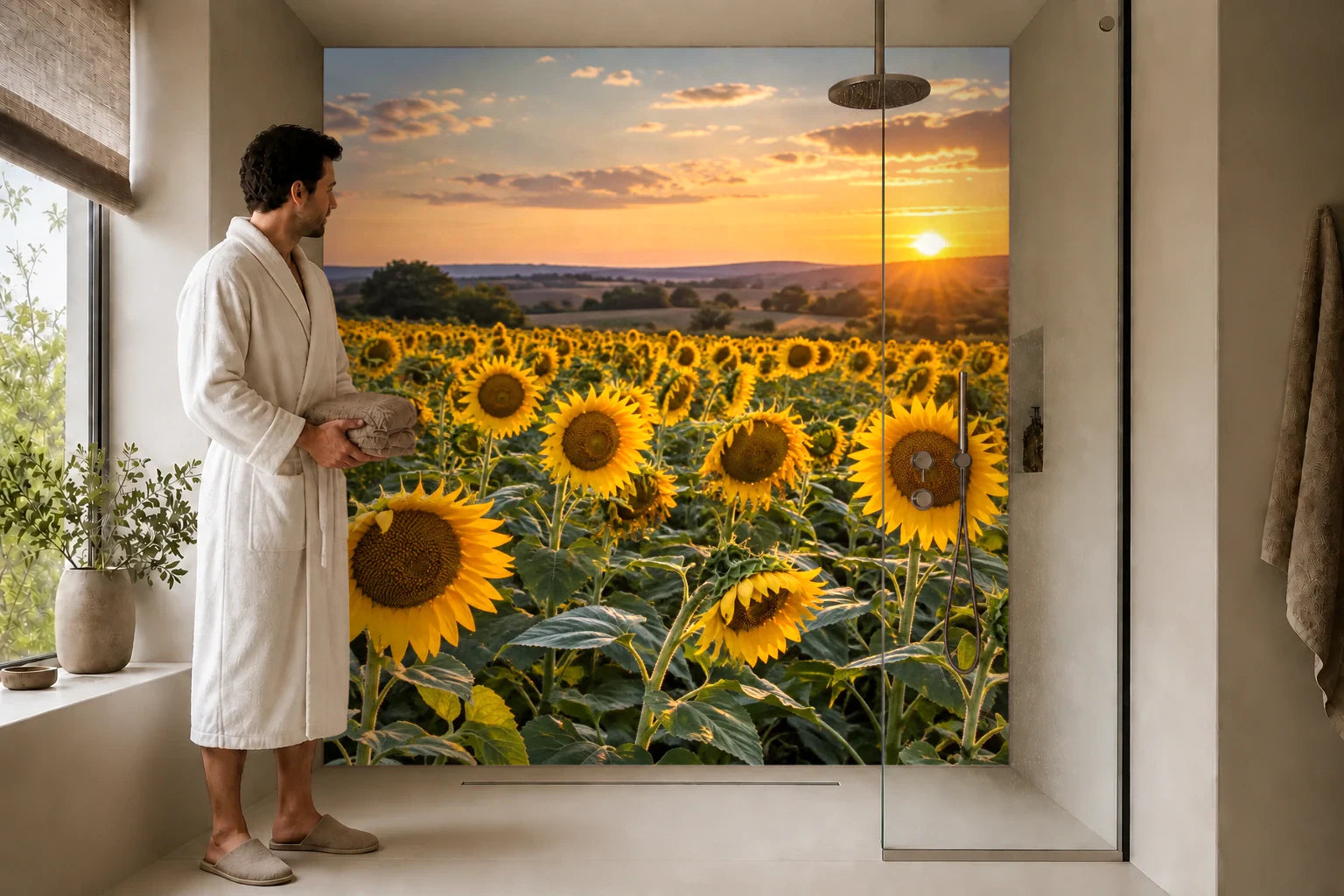 Duschrückwand „Sonnenblumenfeld im Abendlicht“ in einer Dusche mit einem Mann im Bademantel