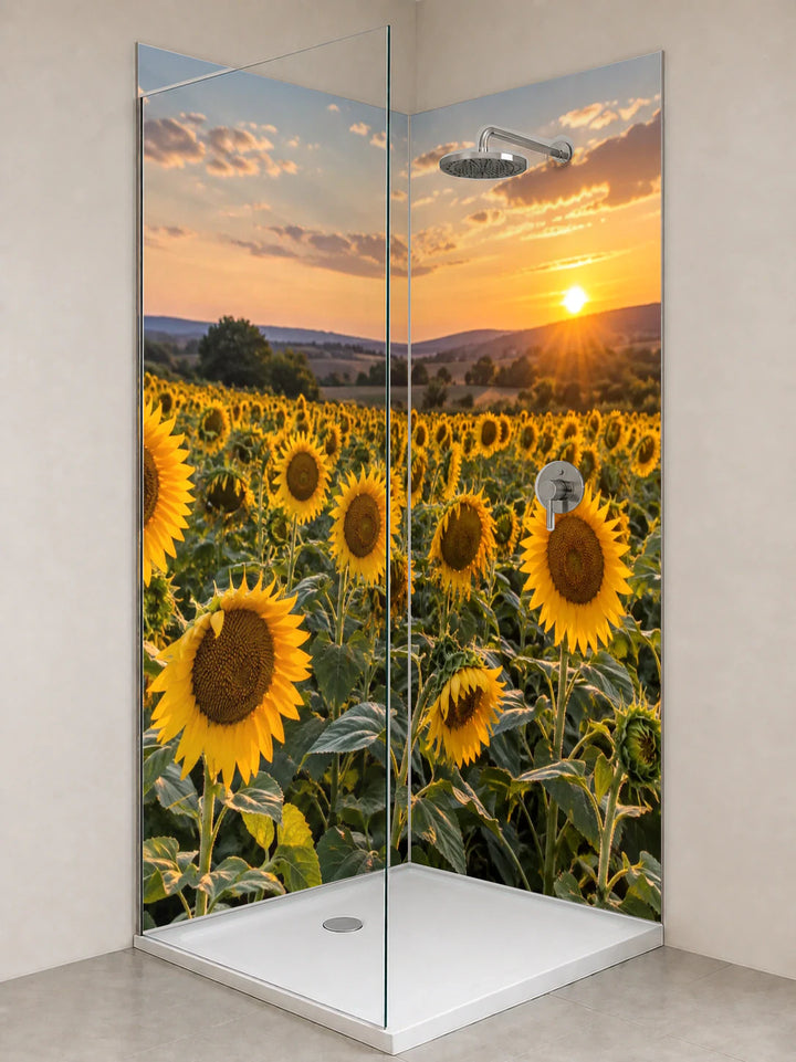 Duschrückwand „Sonnenblumenfeld im Abendlicht“ als installierte Rückwand in einer hellen Dusche