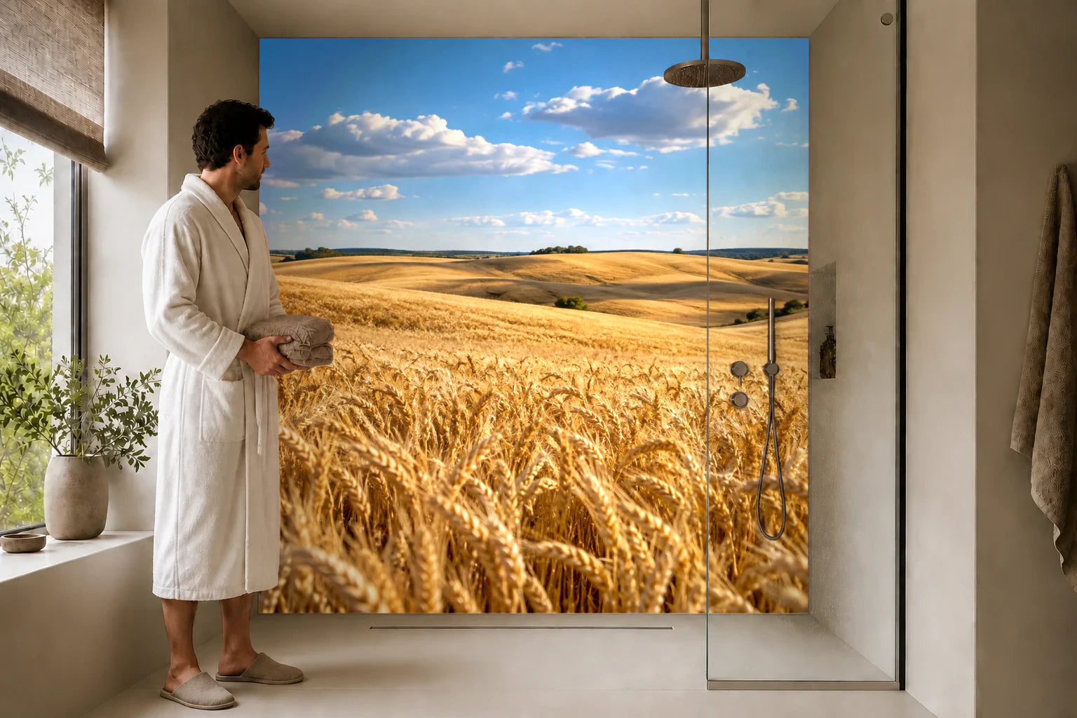 Duschrückwand „Weizenfeld unter wandernden Wolken“ in einer Dusche mit einem Mann im Bademantel