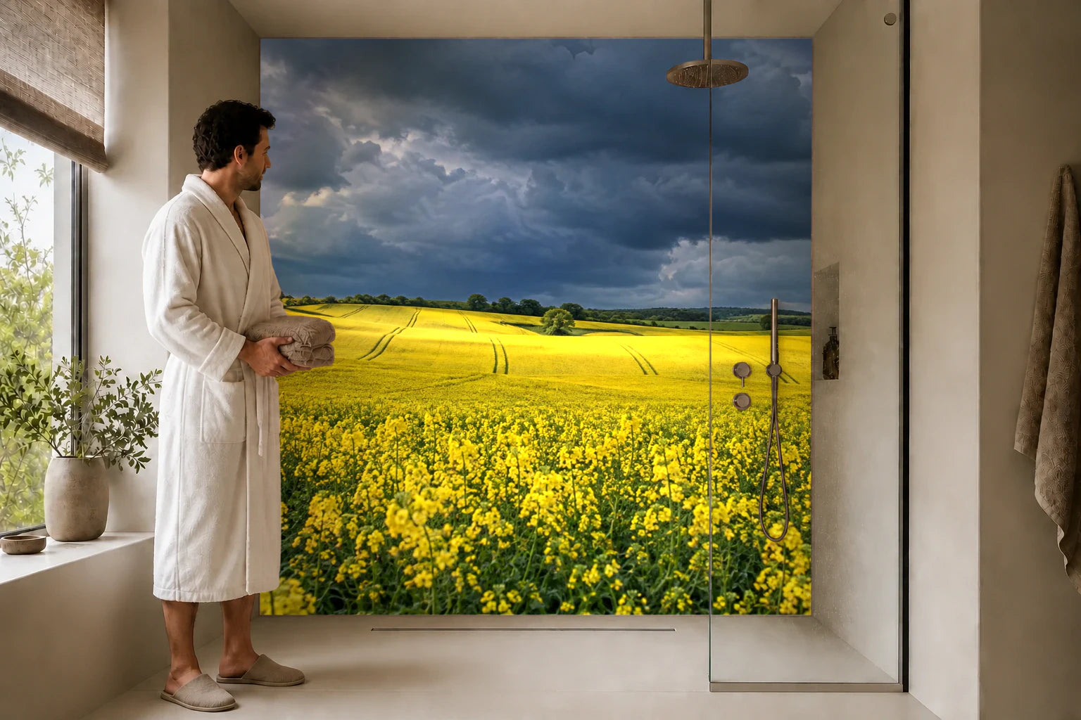 Duschrückwand „Rapsfeld vor einem Frühlingsgewitter“ in einer Dusche mit einem Mann im Bademantel