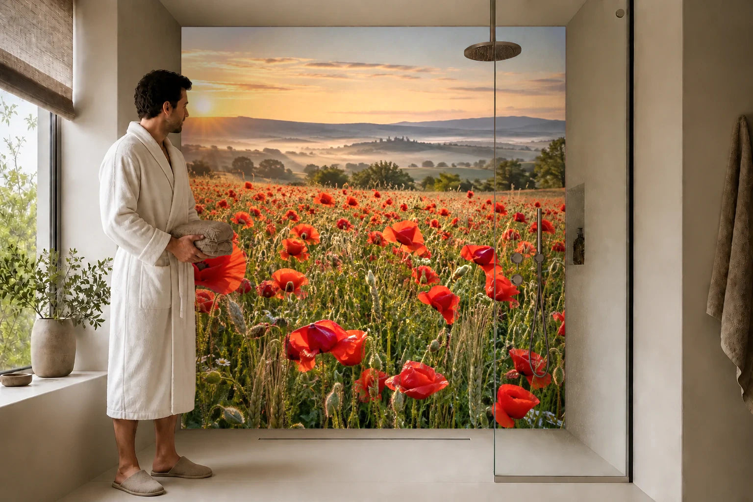 Duschrückwand „Mohnfeld am frühen Sommermorgen“ in einer Dusche mit einem Mann im Bademantel