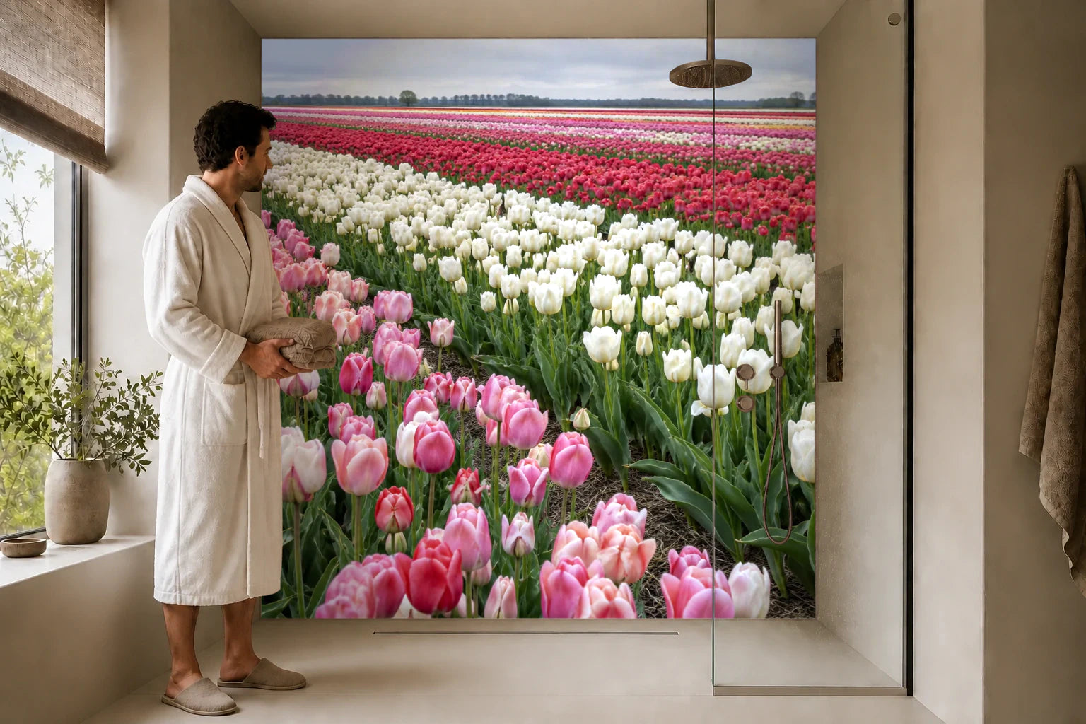 Duschrückwand „Tulpenfeld in sanften Farbbändern“ in einer Dusche mit einem Mann im Bademantel
