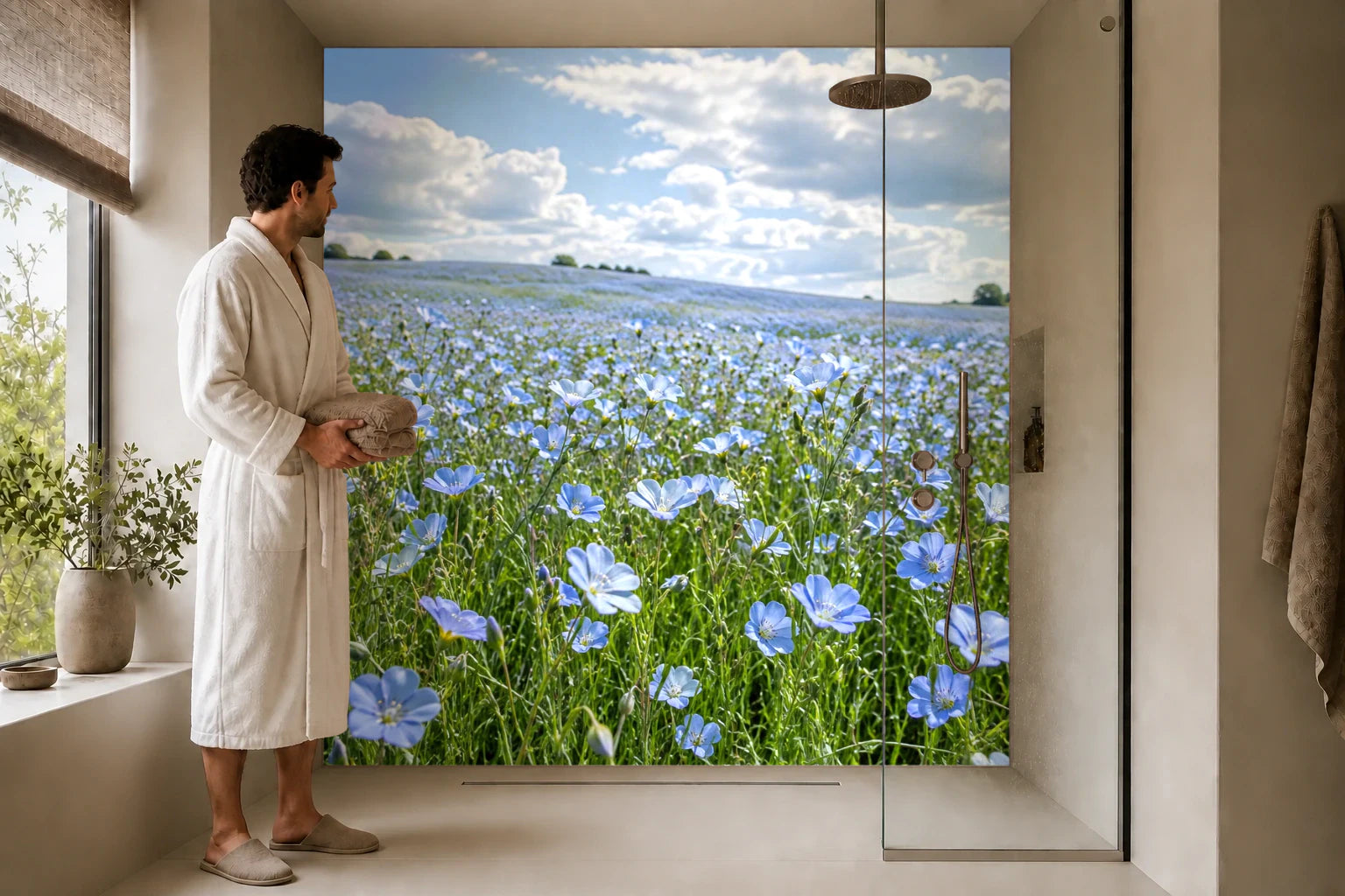 Duschrückwand „Blaues Leinfeld im Morgenwind“ in einer Dusche mit einem Mann im Bademantel