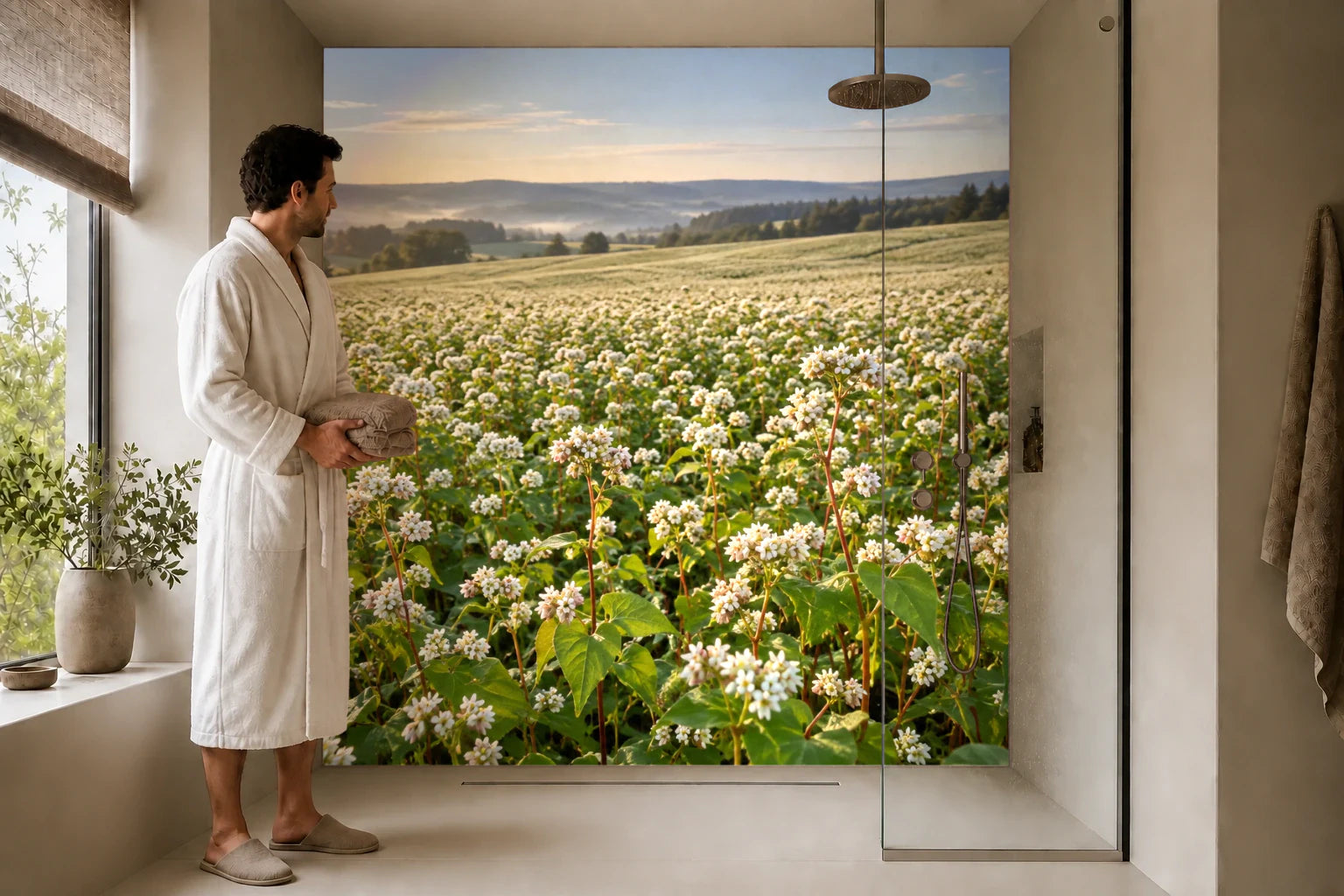 Duschrückwand „Buchweizenfeld mit weißen Blüten“ in einer Dusche mit einem Mann im Bademantel