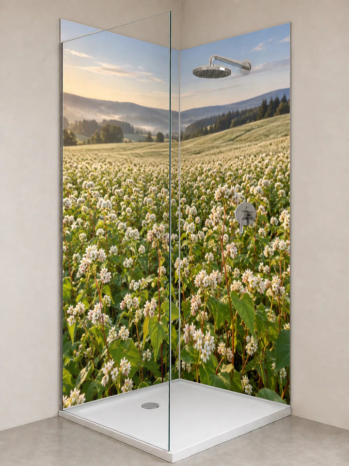 Duschrückwand „Buchweizenfeld mit weißen Blüten“ als installierte Rückwand in einer hellen Dusche
