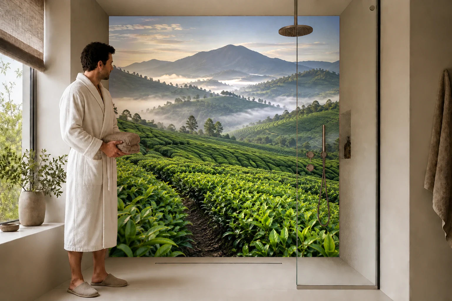 Duschrückwand „Teeplantage im Hügelnebel“ in einer Dusche mit einem Mann im Bademantel