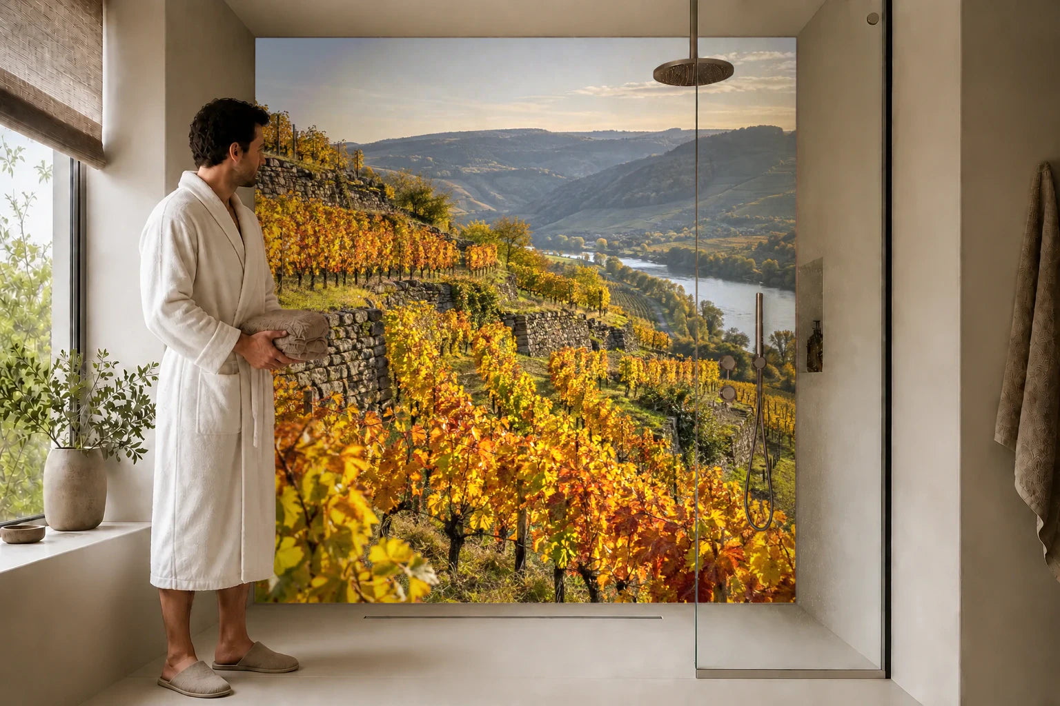 Duschrückwand „Weinbergterrassen im Herbstlicht“ in einer Dusche mit einem Mann im Bademantel