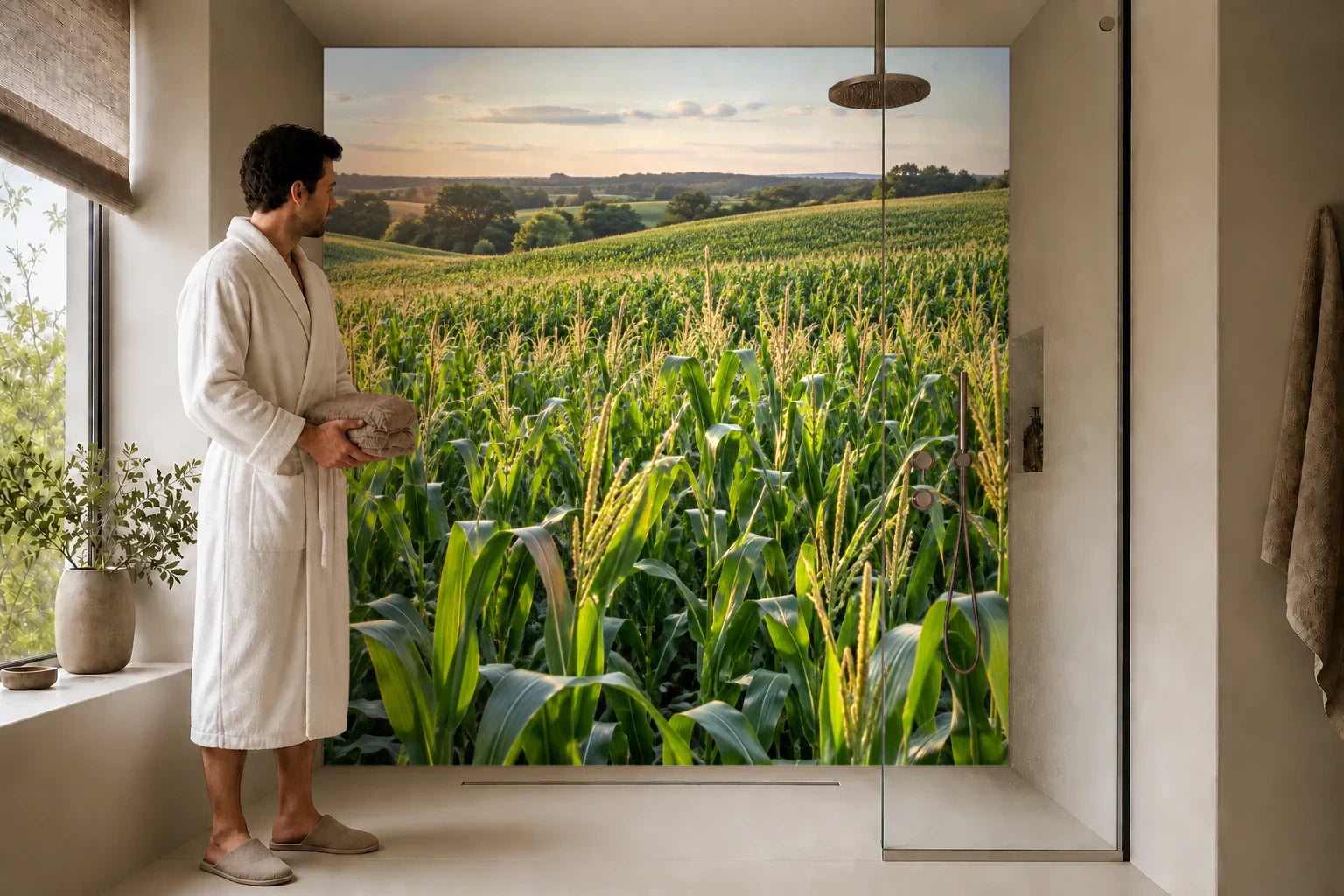 Duschrückwand „Maisfeld am Sommerabend“ in einer Dusche mit einem Mann im Bademantel