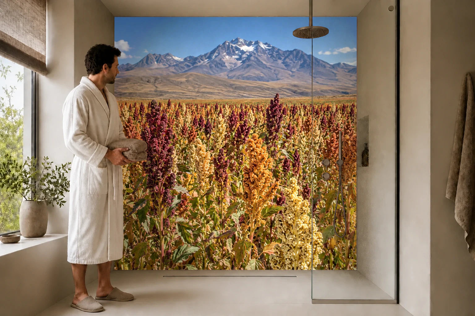 Duschrückwand „Quinoafeld in den Hochlandfarben“ in einer Dusche mit einem Mann im Bademantel