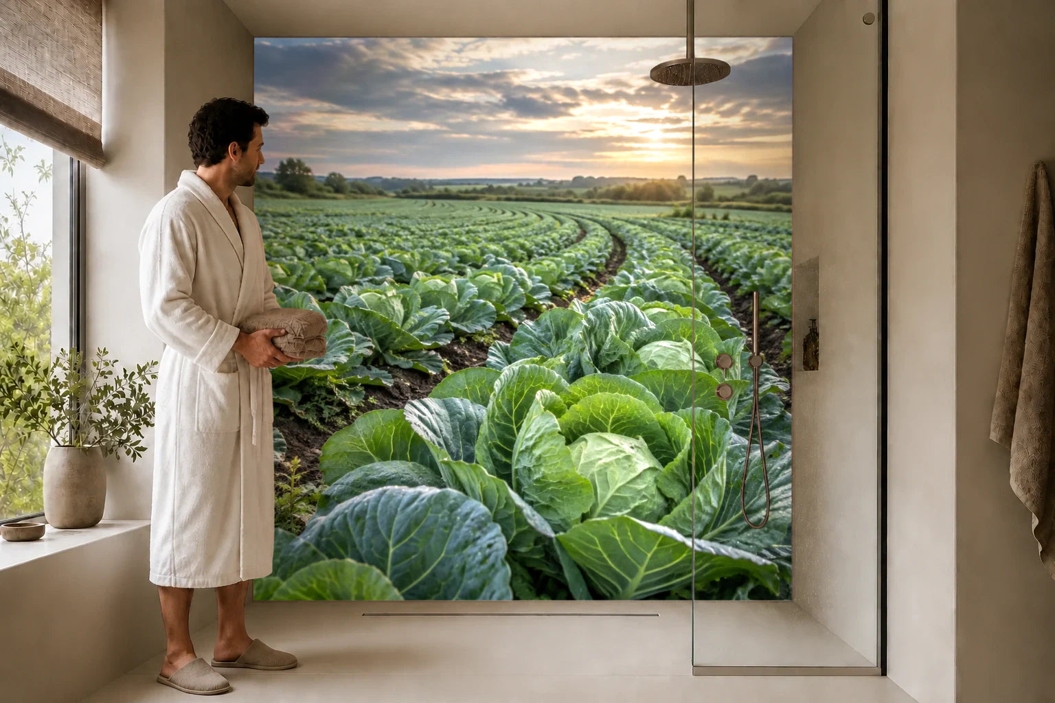 Duschrückwand „Gemüsefeld in grünen Reihen“ in einer Dusche mit einem Mann im Bademantel