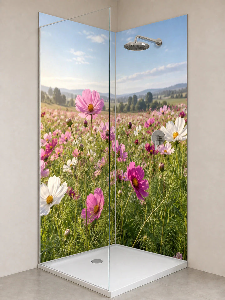 Duschrückwand „Blütenfeld in Rosa und Creme“ als installierte Rückwand in einer hellen Dusche