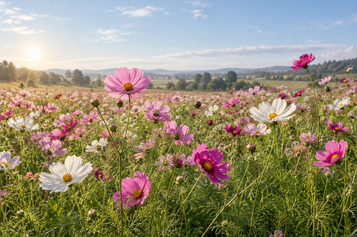 Motivvorschau „Blütenfeld in Rosa und Creme“ für Duschrückwand
