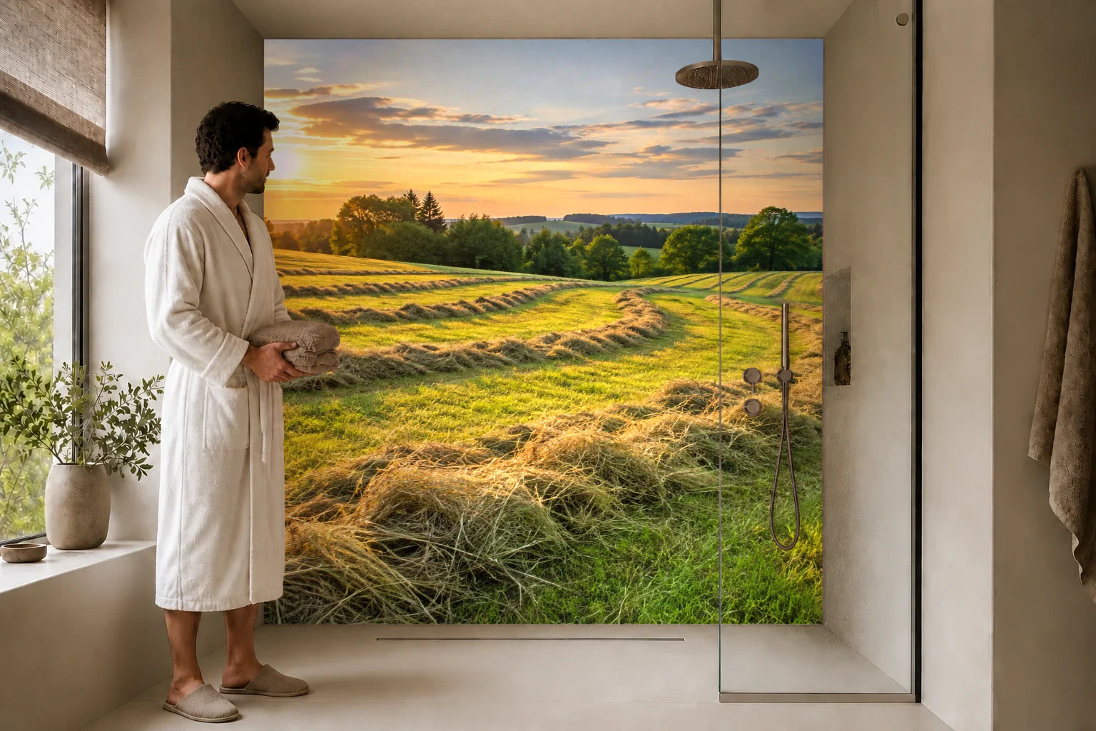 Duschrückwand „Heu in Schwaden auf dem Feld“ in einer Dusche mit einem Mann im Bademantel