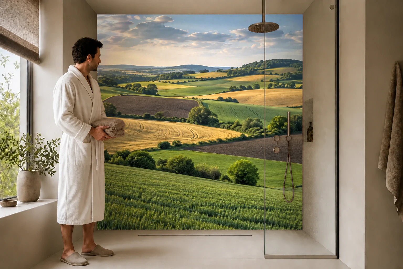 Duschrückwand „Ackerflächen im weiten Hügelland“ in einer Dusche mit einem Mann im Bademantel