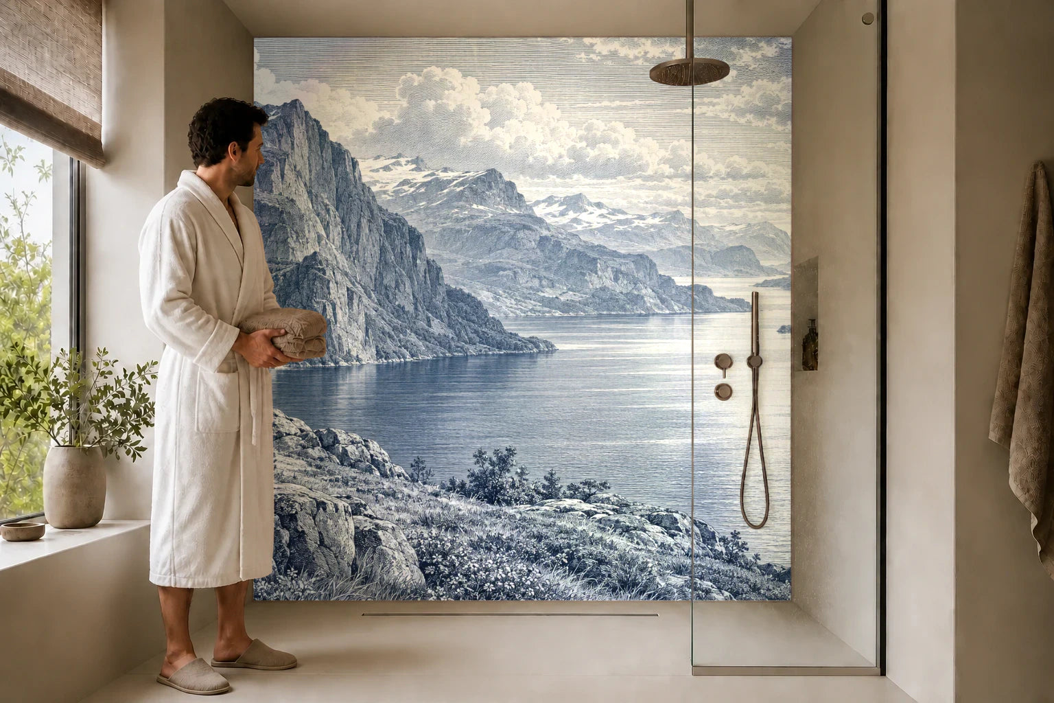 Duschrückwand „Fjord unter ziehenden Wolken – Kupferstich“ in einer Dusche mit einem Mann im Bademantel
