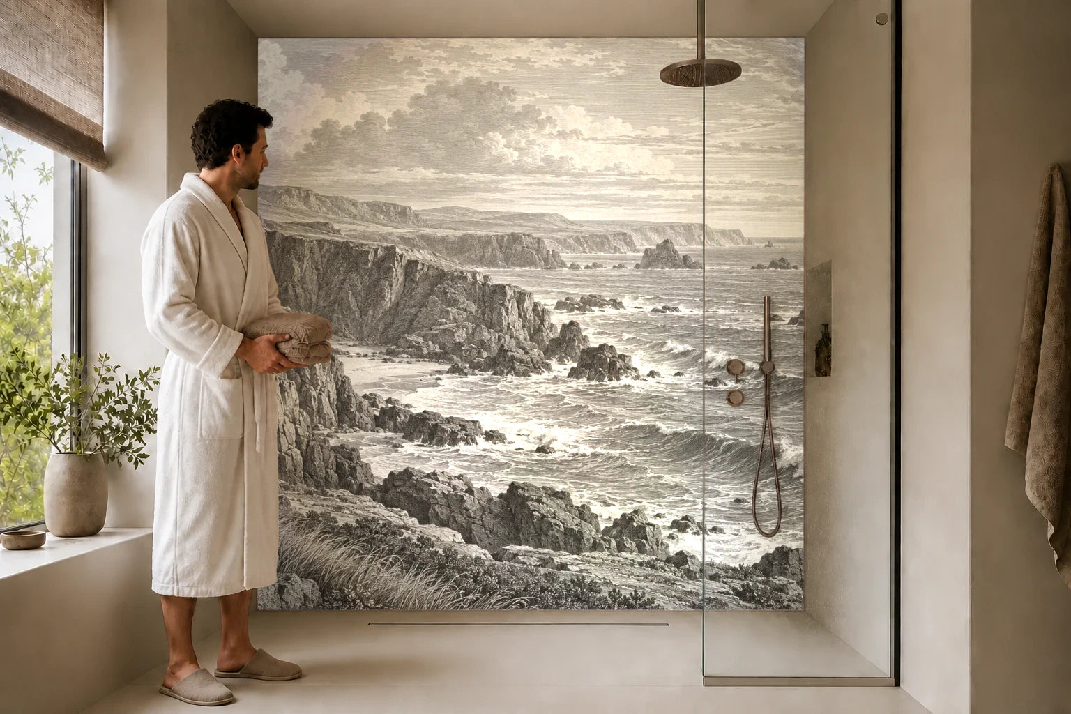 Duschrückwand „Küstenklippen über der Brandung – Kupferstich“ in einer Dusche mit einem Mann im Bademantel