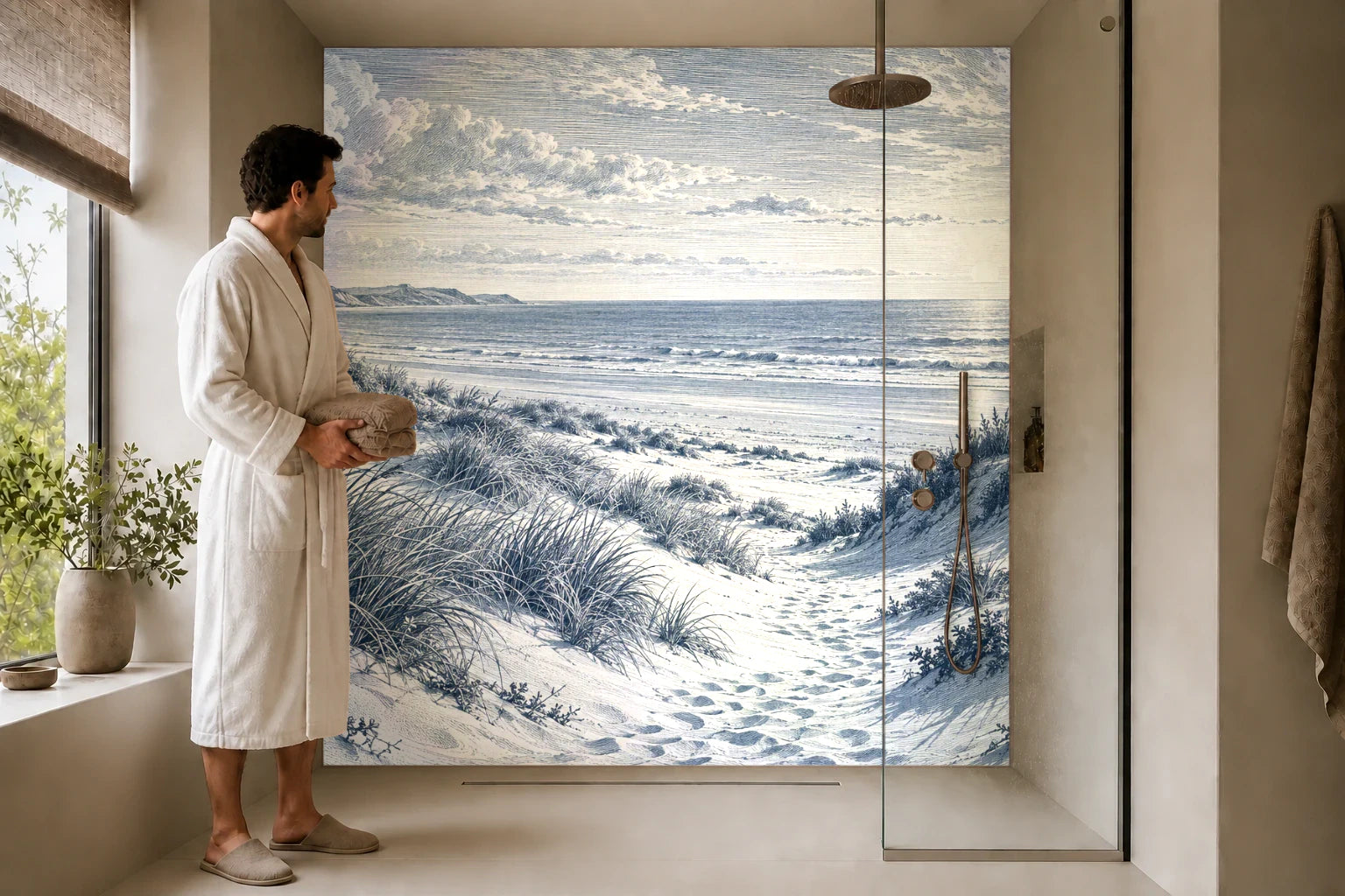 Duschrückwand „Dünenpfad zum Meer – Kupferstich“ in einer Dusche mit einem Mann im Bademantel