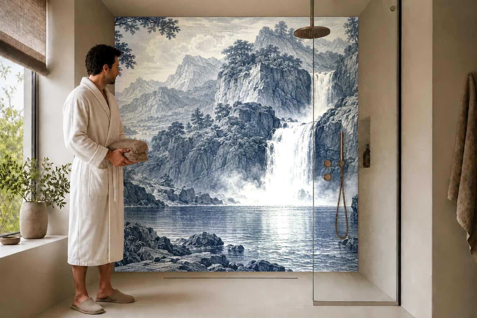Duschrückwand „Wasserfall im Felsental – Kupferstich“ in einer Dusche mit einem Mann im Bademantel