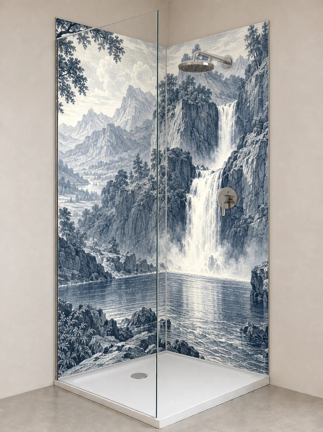 Duschrückwand „Wasserfall im Felsental – Kupferstich“ als installierte Rückwand in einer hellen Dusche