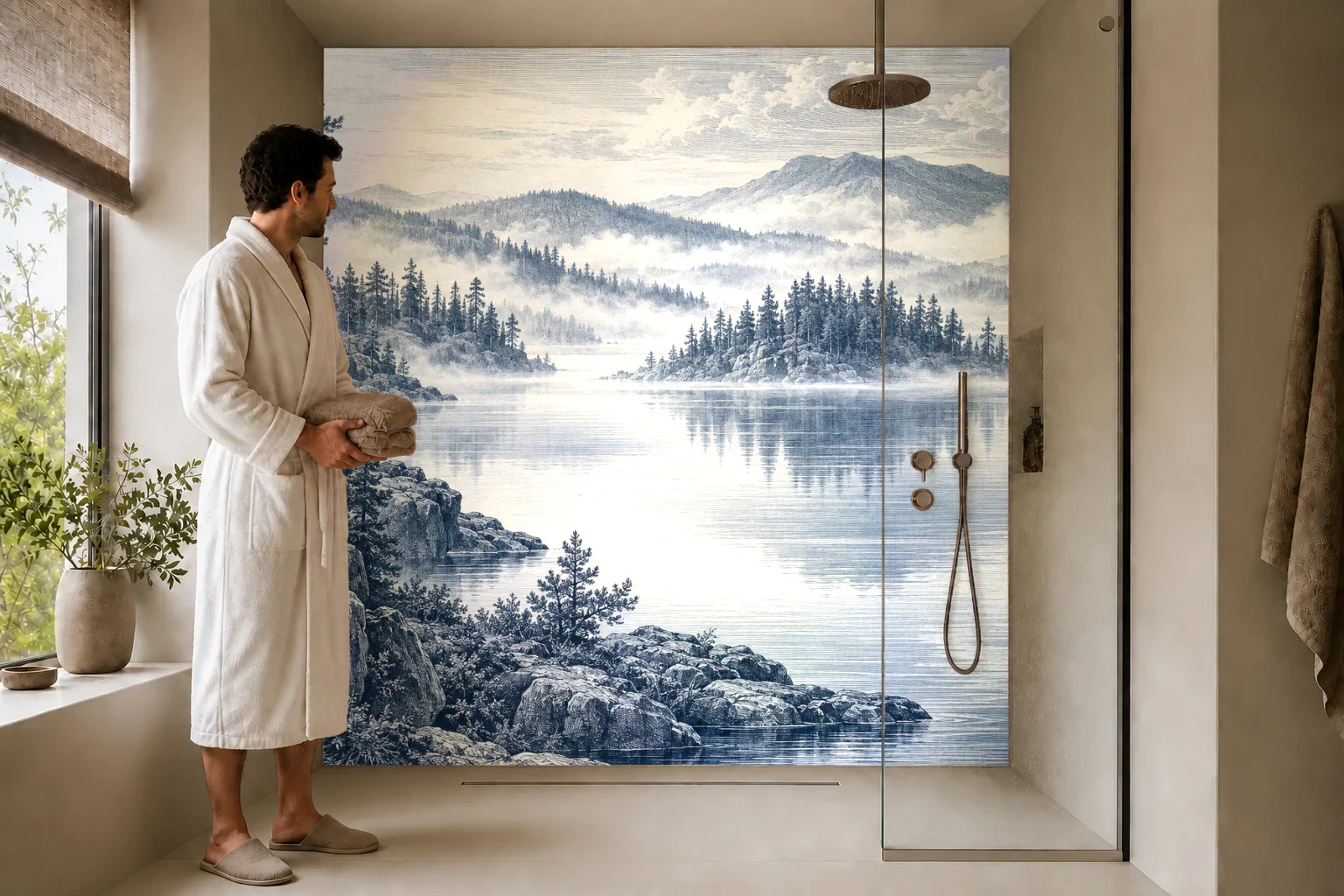Duschrückwand „Nebel über dem Kiefernsee – Kupferstich“ in einer Dusche mit einem Mann im Bademantel