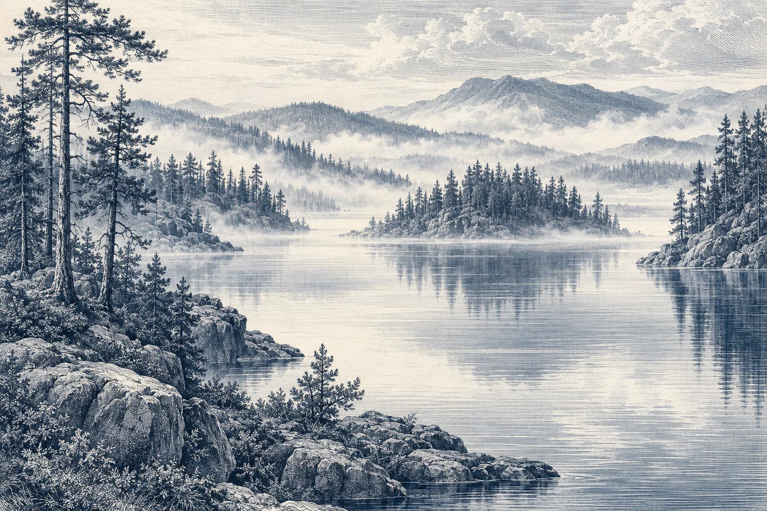 Motivvorschau „Nebel über dem Kiefernsee – Kupferstich“ für Duschrückwand
