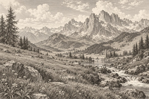 Motivvorschau „Bergwiese unter Felsgipfeln – Kupferstich“ für Duschrückwand