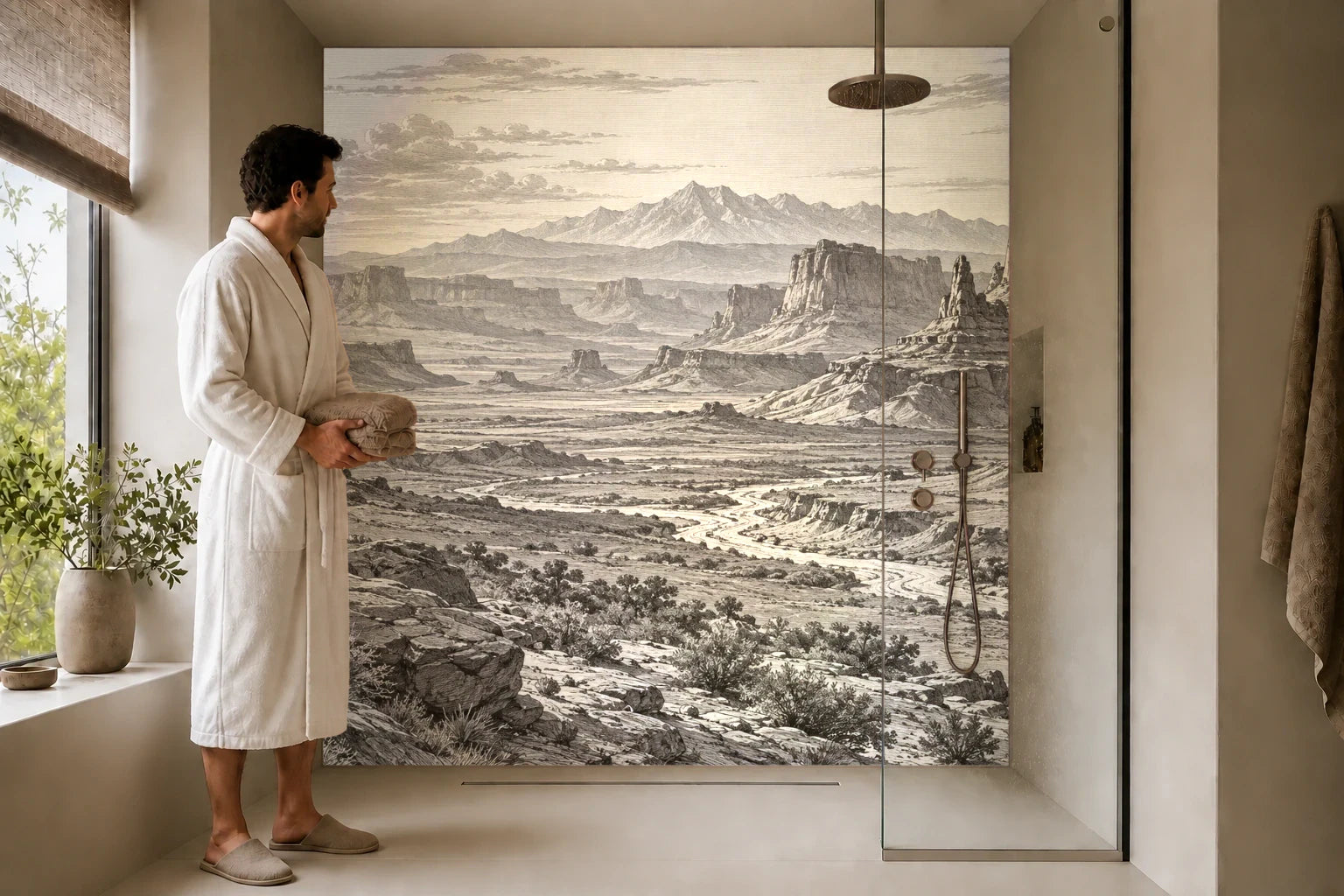Duschrückwand „Wüstenberge im Abendlicht – Kupferstich“ in einer Dusche mit einem Mann im Bademantel