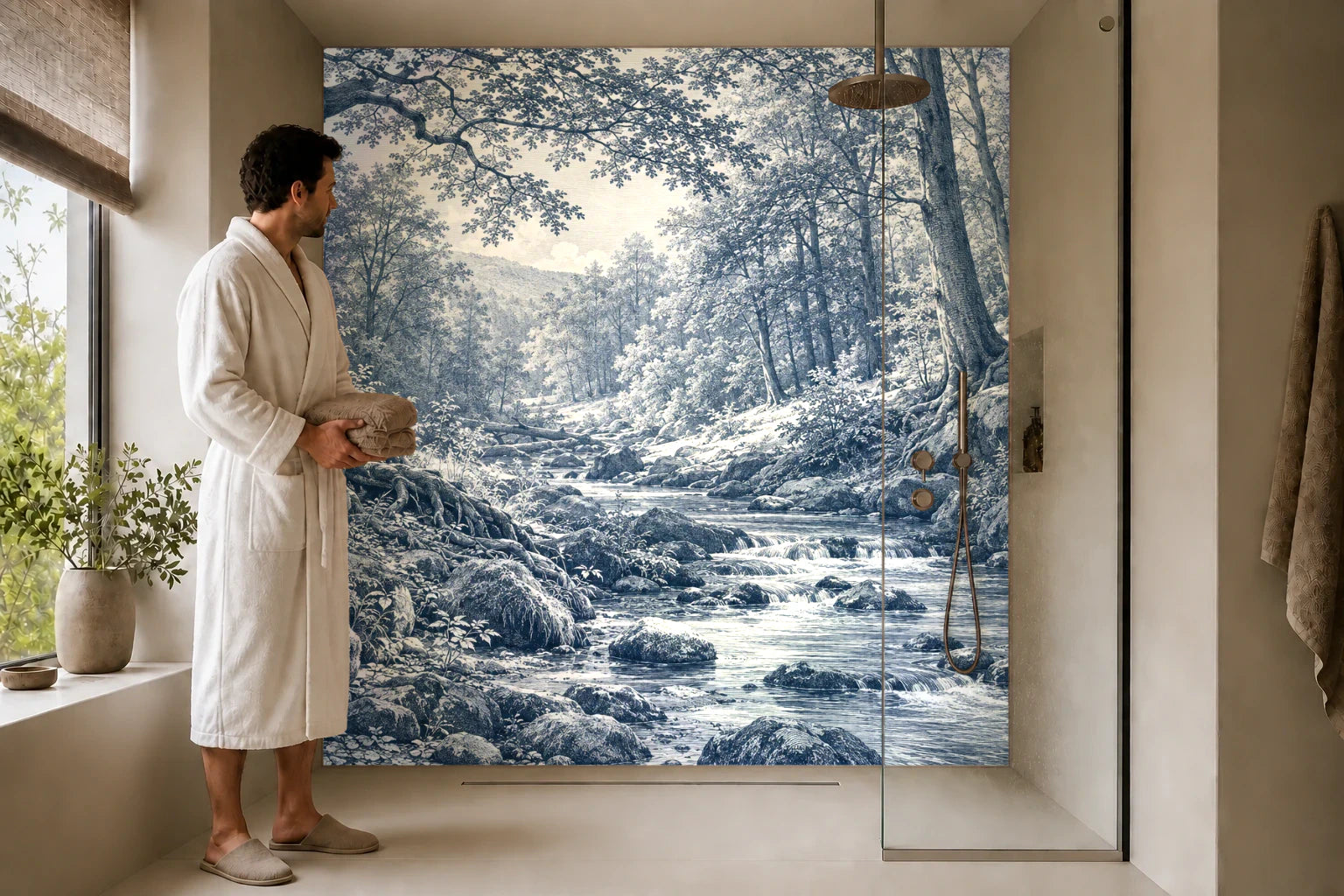 Duschrückwand „Buchenwald am Bach – Kupferstich“ in einer Dusche mit einem Mann im Bademantel