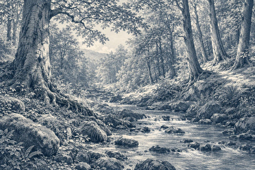 Motivvorschau „Buchenwald am Bach – Kupferstich“ für Duschrückwand