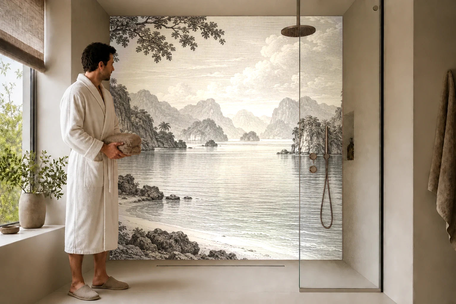 Duschrückwand „Lagune zwischen Kalksteinfelsen – Kupferstich“ in einer Dusche mit einem Mann im Bademantel