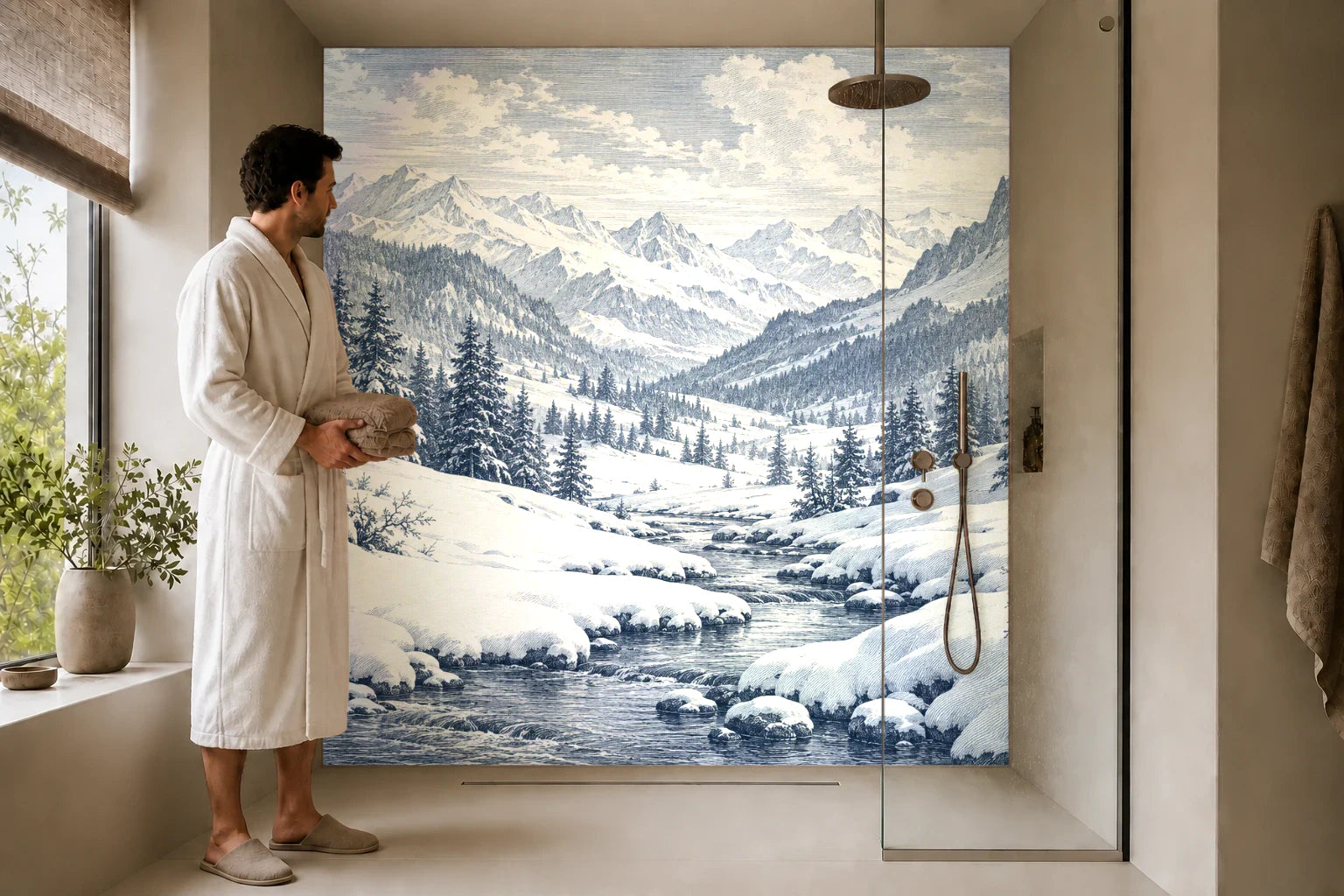 Duschrückwand „Wintertal mit Tannen – Kupferstich“ in einer Dusche mit einem Mann im Bademantel