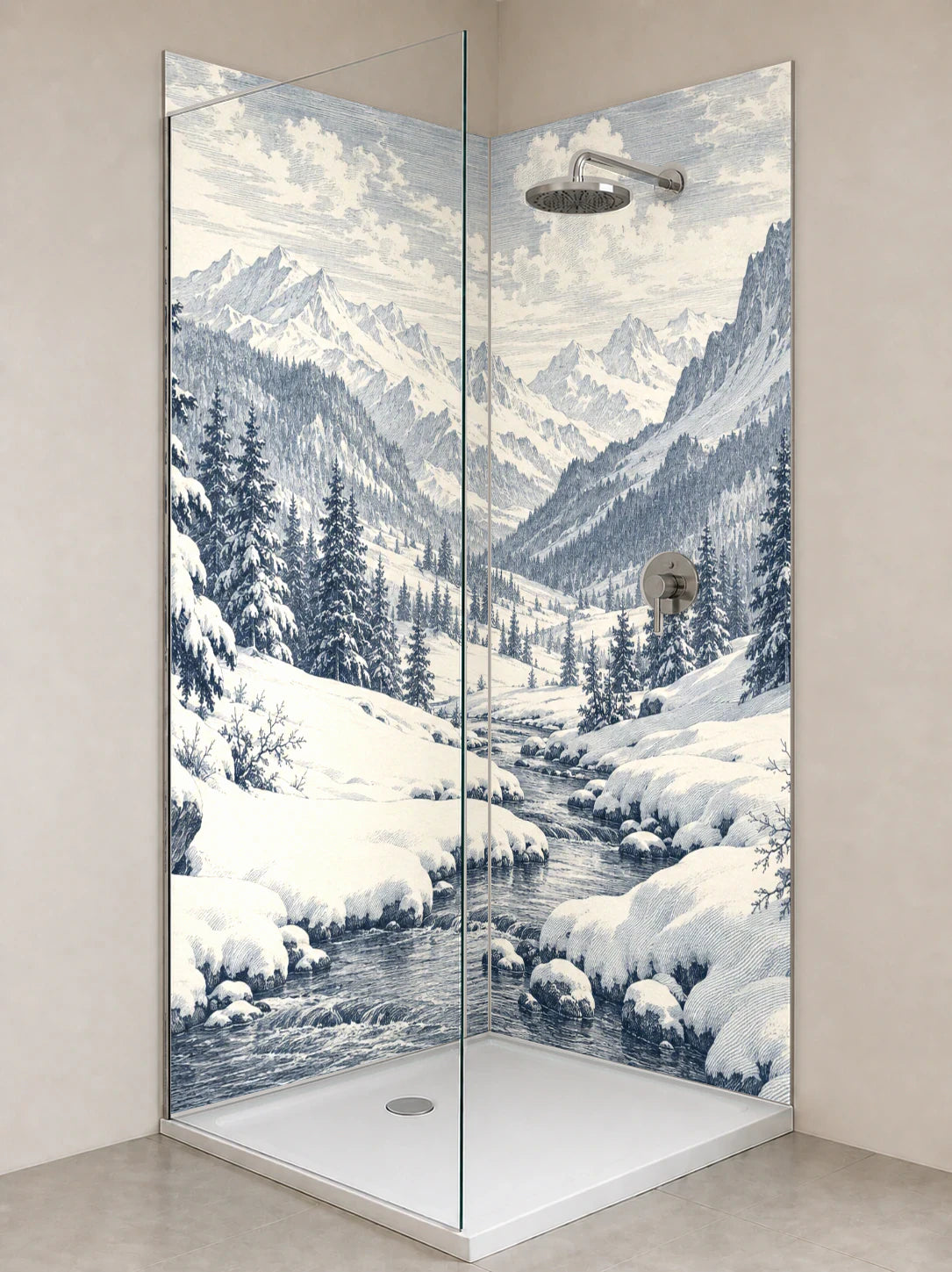 Duschrückwand „Wintertal mit Tannen – Kupferstich“ als installierte Rückwand in einer hellen Dusche