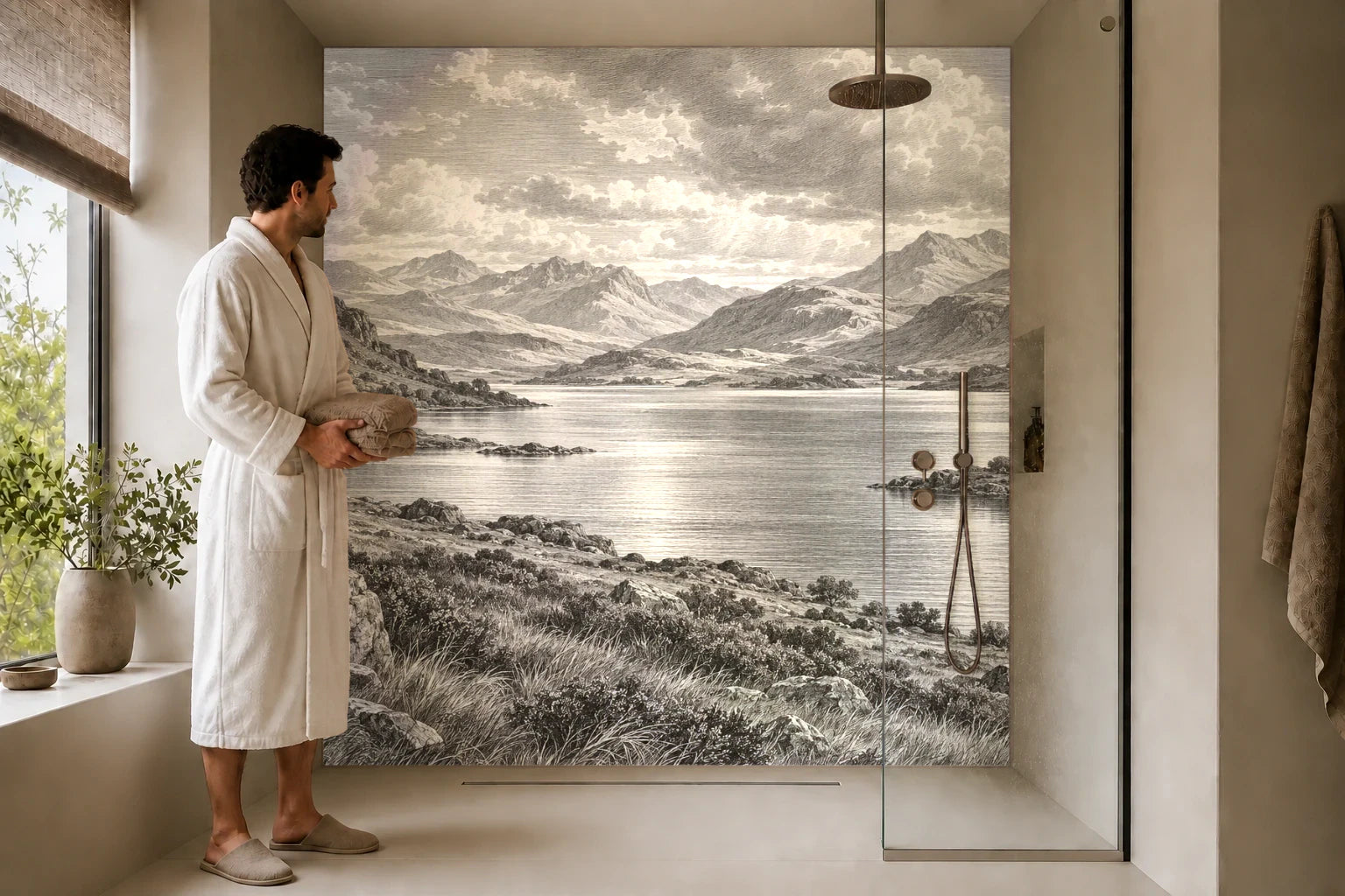 Duschrückwand „Hochlandsee unter weitem Himmel – Kupferstich“ in einer Dusche mit einem Mann im Bademantel