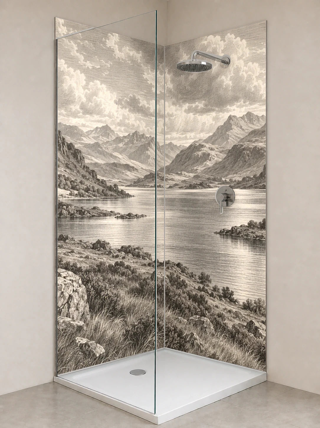 Duschrückwand „Hochlandsee unter weitem Himmel – Kupferstich“ als installierte Rückwand in einer hellen Dusche