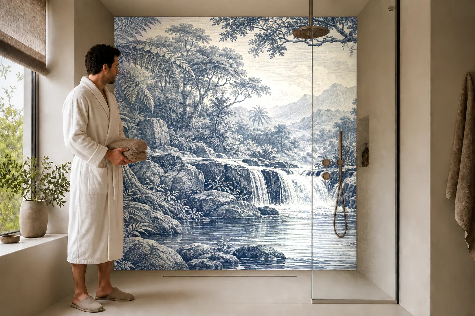Duschrückwand „Urwaldbach mit Farnen – Kupferstich“ in einer Dusche mit einem Mann im Bademantel