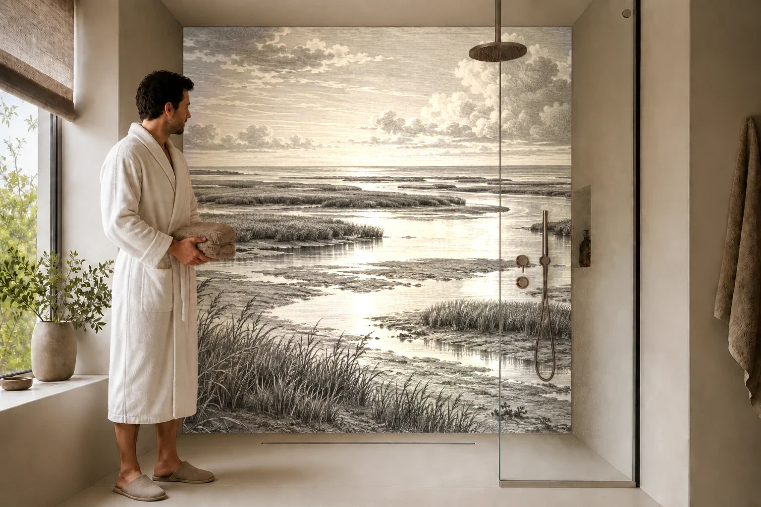 Duschrückwand „Weite Küstenmarschen – Kupferstich“ in einer Dusche mit einem Mann im Bademantel